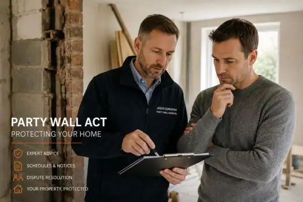 Party wall surveyor Wakefield discussing extension plans with homeowner outside a UK semi-detached house.